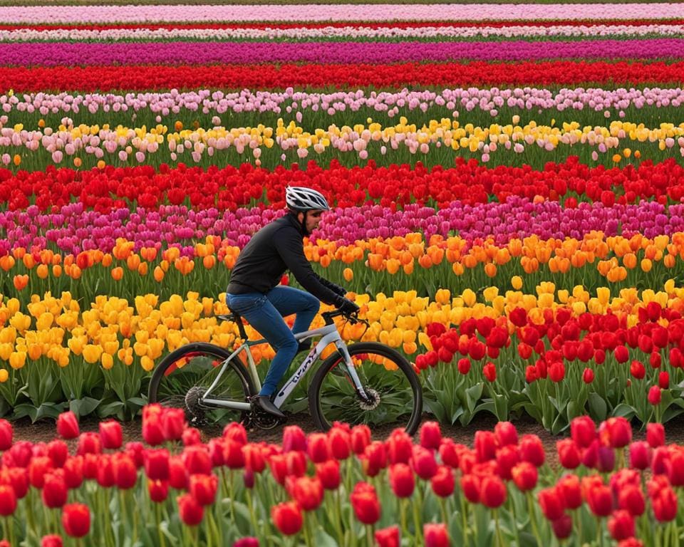 Fietsen door de tulpenvelden in de lente